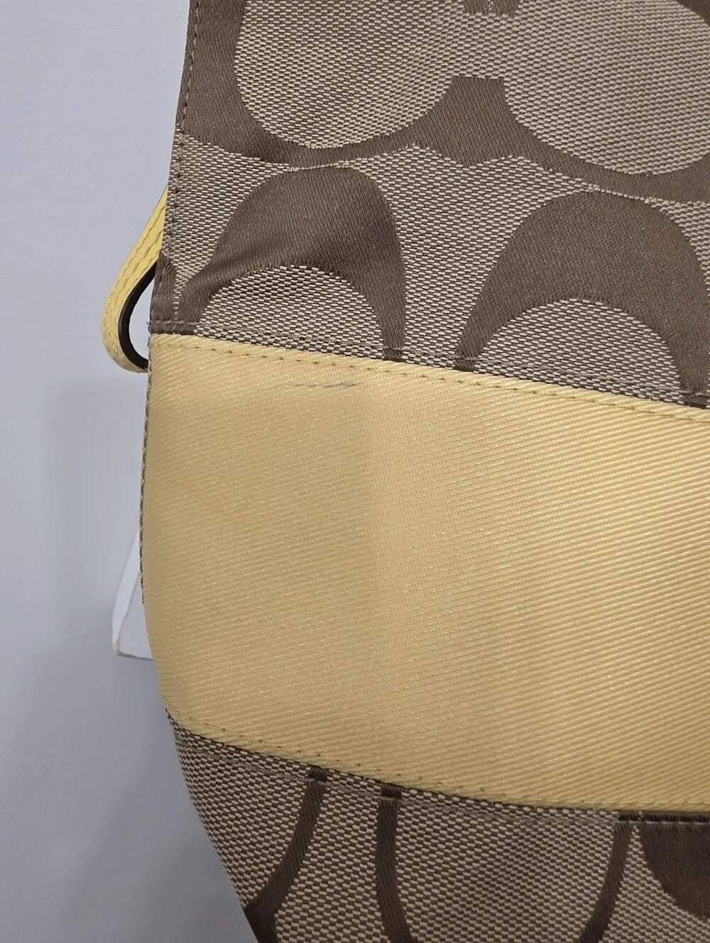 2000s Coach Signature Stripe Zip Top Tote Brown/khaki And Yellow F13548